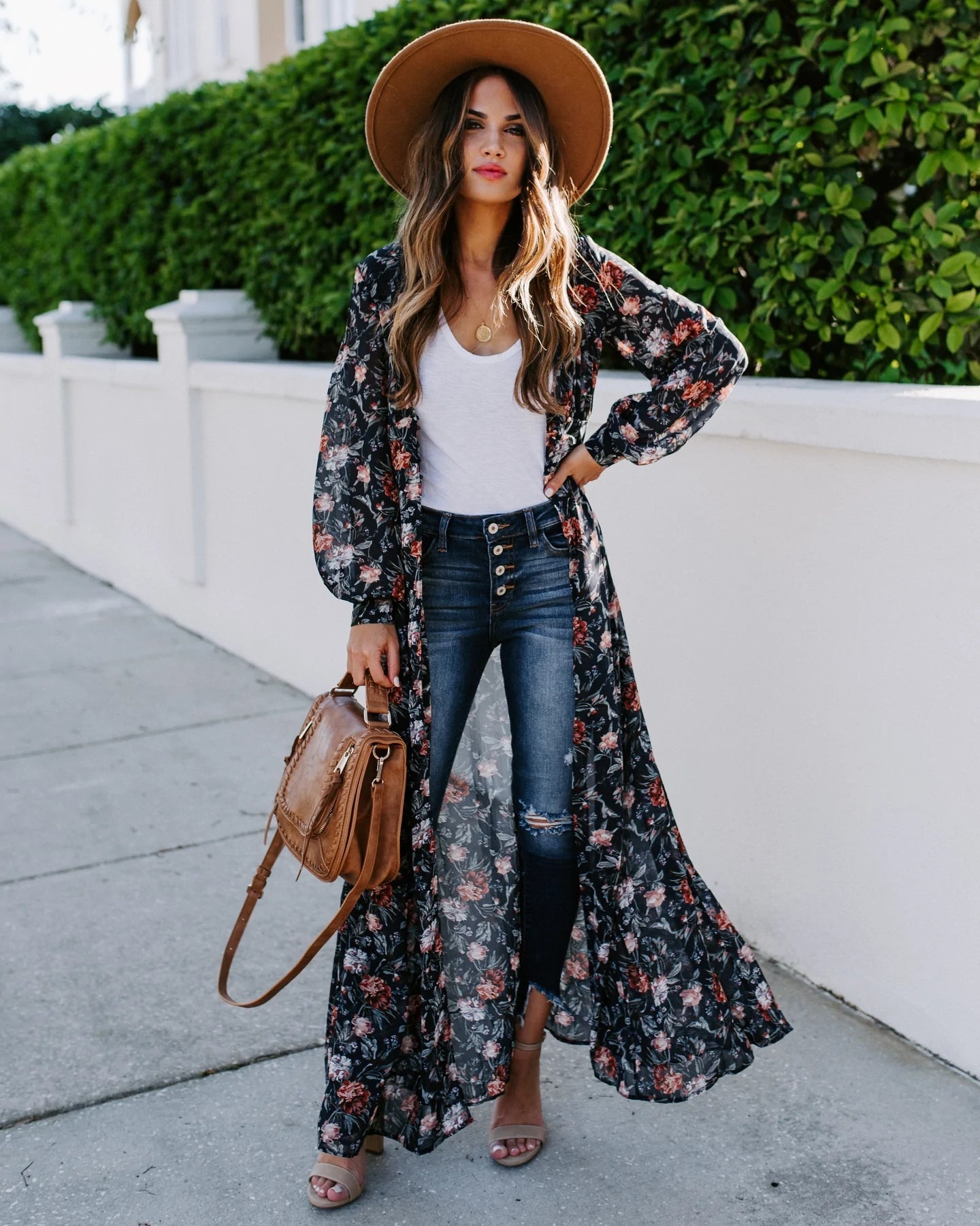 Black Floral Print Long Kimono