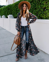 Black Floral Print Long Kimono
