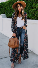 Black Floral Print Long Kimono