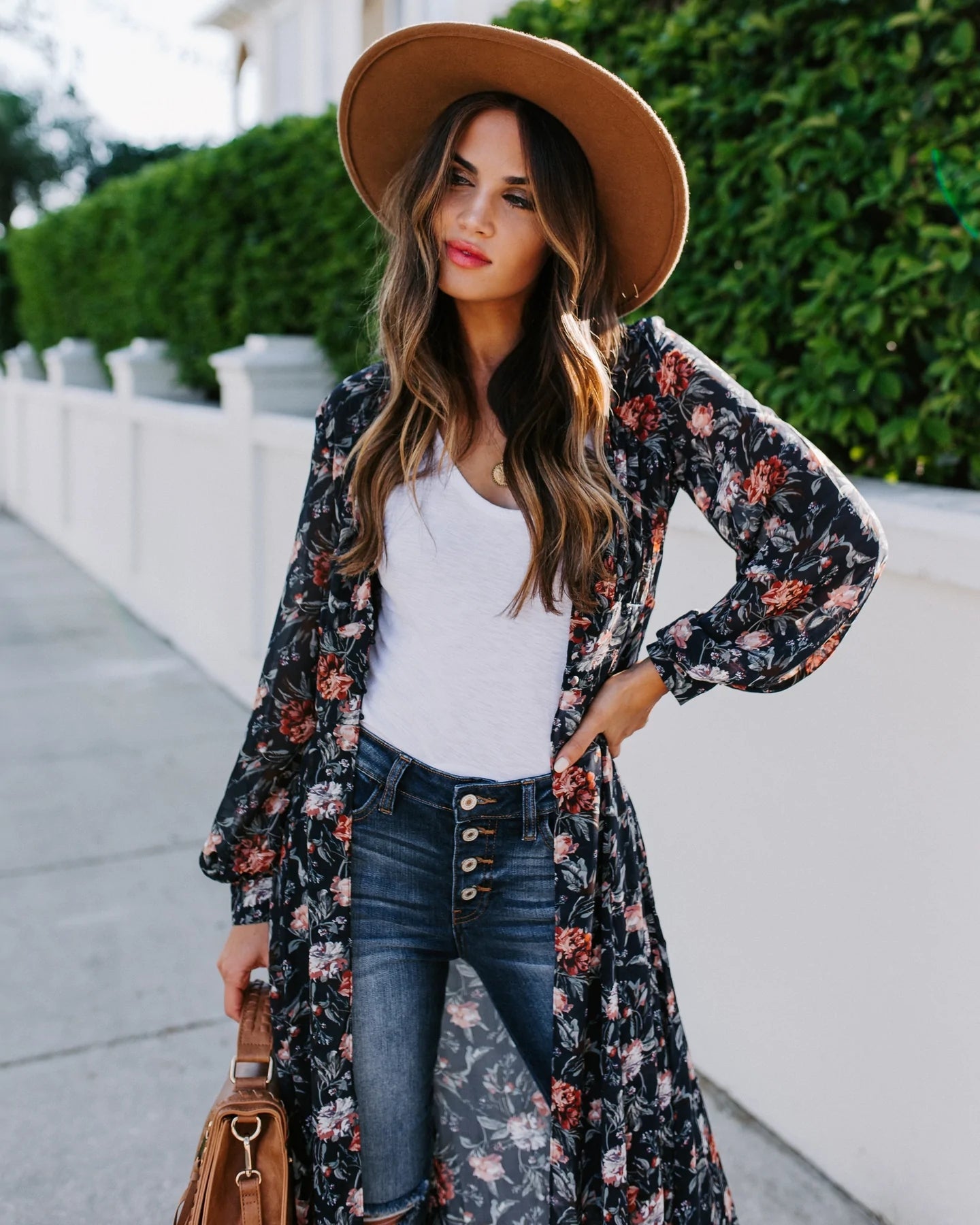 Black Floral Print Long Kimono