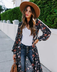 Black Floral Print Long Kimono