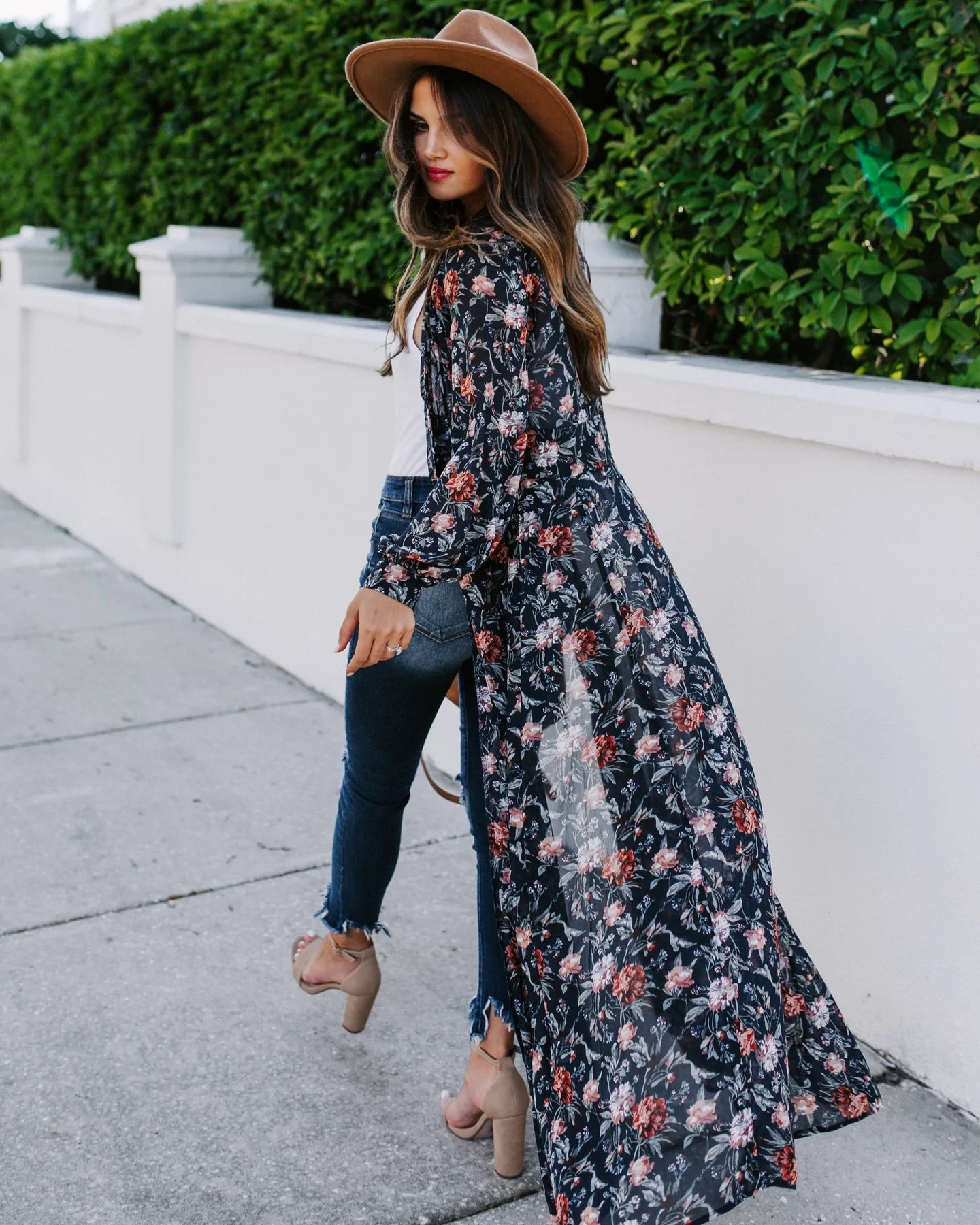 Black Floral Print Long Kimono
