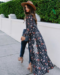 Black Floral Print Long Kimono
