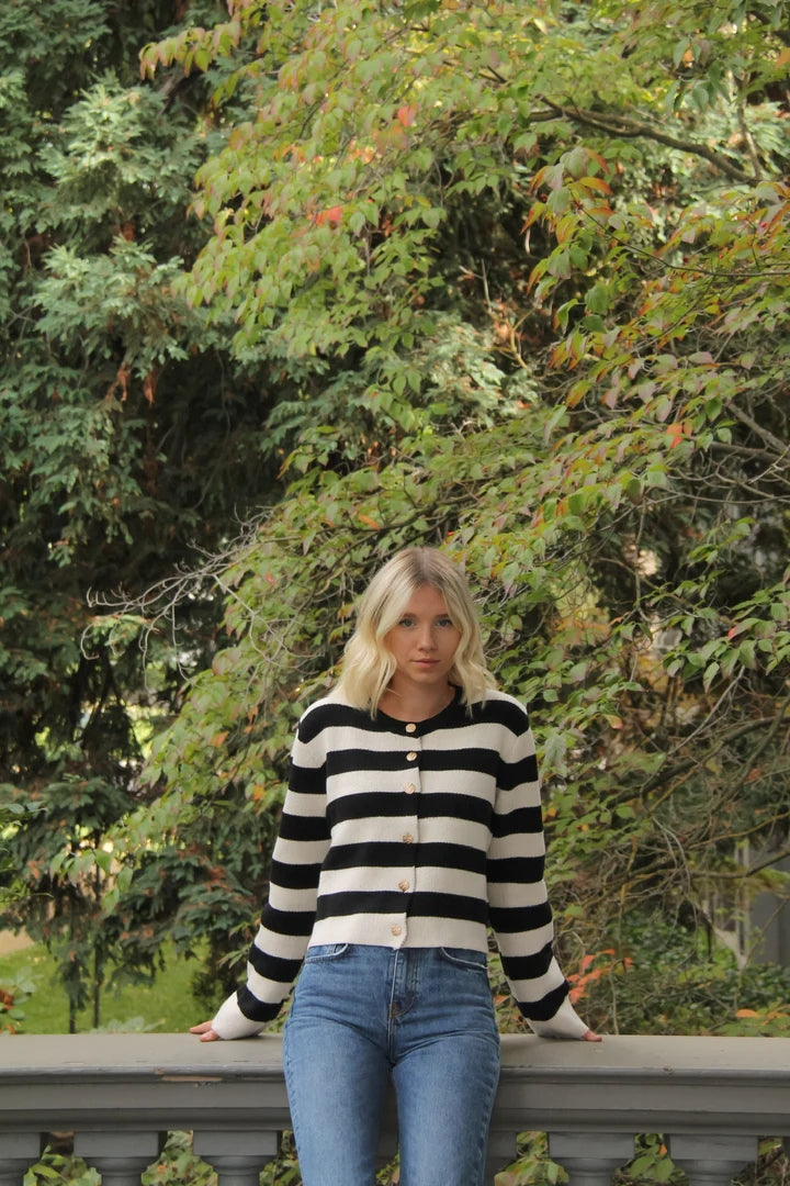 Black White Striped Knit Cardigan