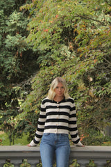 Black White Striped Knit Cardigan