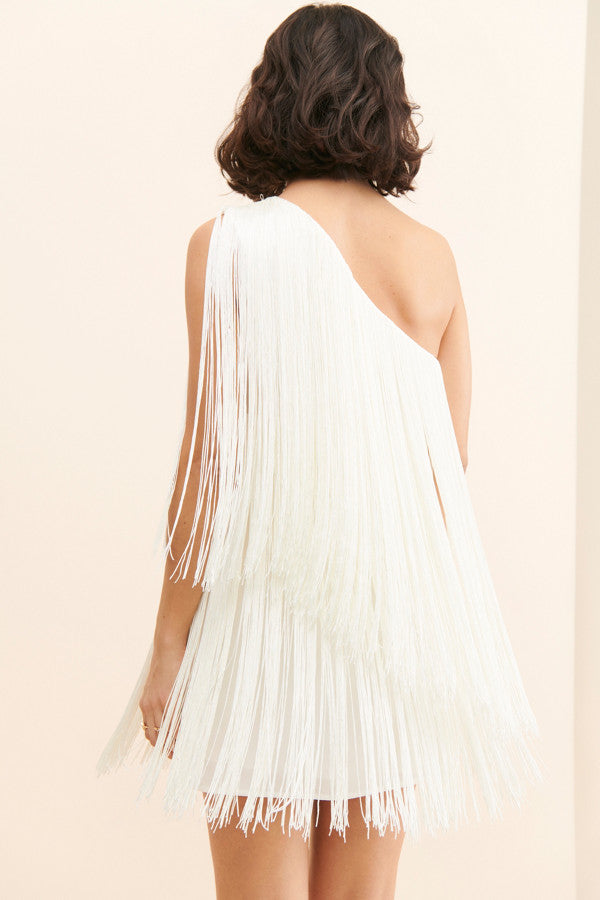 White One Shoulder Fringe Mini Dress Groovy Mimi White One Shoulder Fringe Mini Dress Groovy Mimi