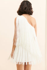 White One Shoulder Fringe Mini Dress