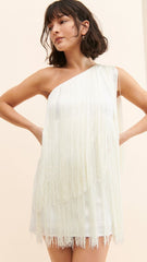 White One Shoulder Fringe Mini Dress