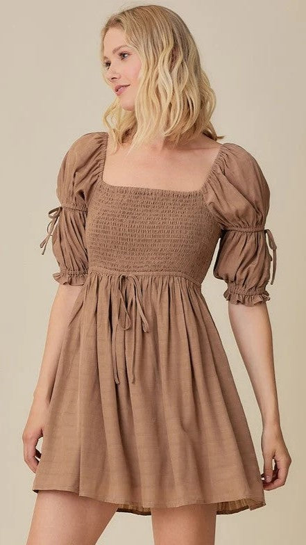 Khaki Smocked Mini Dress