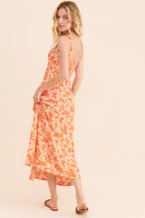 Orange Floral Sleeveless Midi Dress