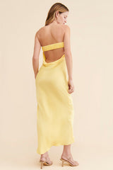Yellow Strapless Satin Midi Dress