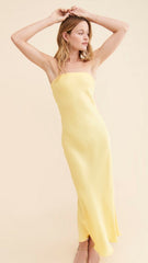 Yellow Strapless Satin Midi Dress