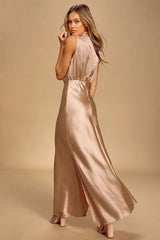Peach Pink Sleeveless Satin Midi Dress