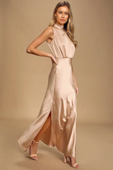 Peach Pink Sleeveless Satin Midi Dress