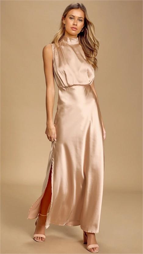 Peach Pink Sleeveless Satin Midi Dress