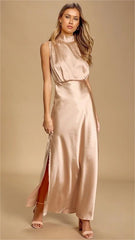 Peach Pink Sleeveless Satin Midi Dress