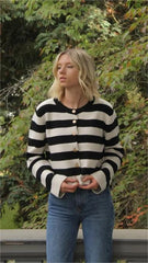 Black White Striped Knit Cardigan