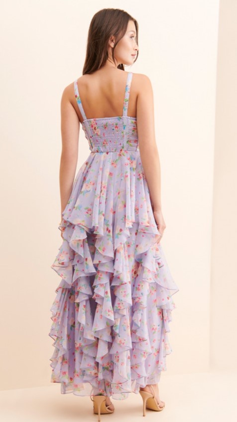 purple ruffle midi dress Purple Floral Ruffle Tie Strap Midi Dress