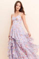 Purple Floral Ruffle Midi Dress