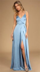 Light Blue Satin High Slit Midi Dress