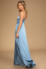 Light Blue Satin High Slit Midi Dress