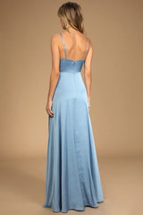 Light Blue Satin High Slit Midi Dress