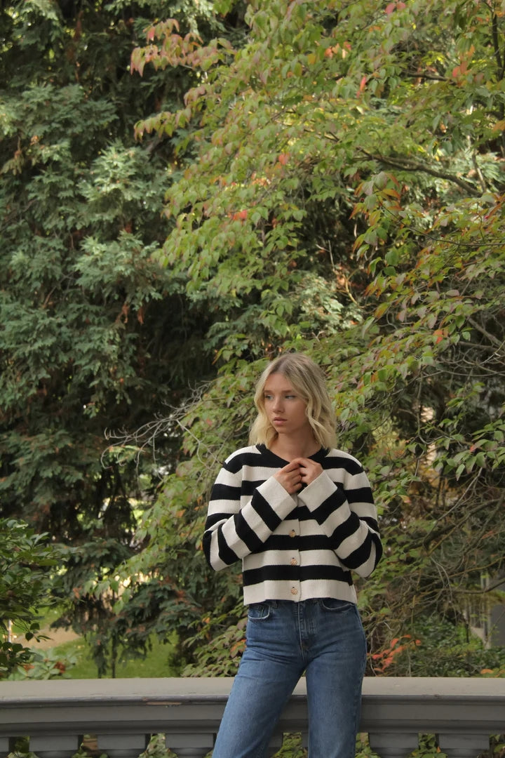 Black White Striped Knit Cardigan