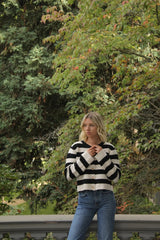 Black White Striped Knit Cardigan