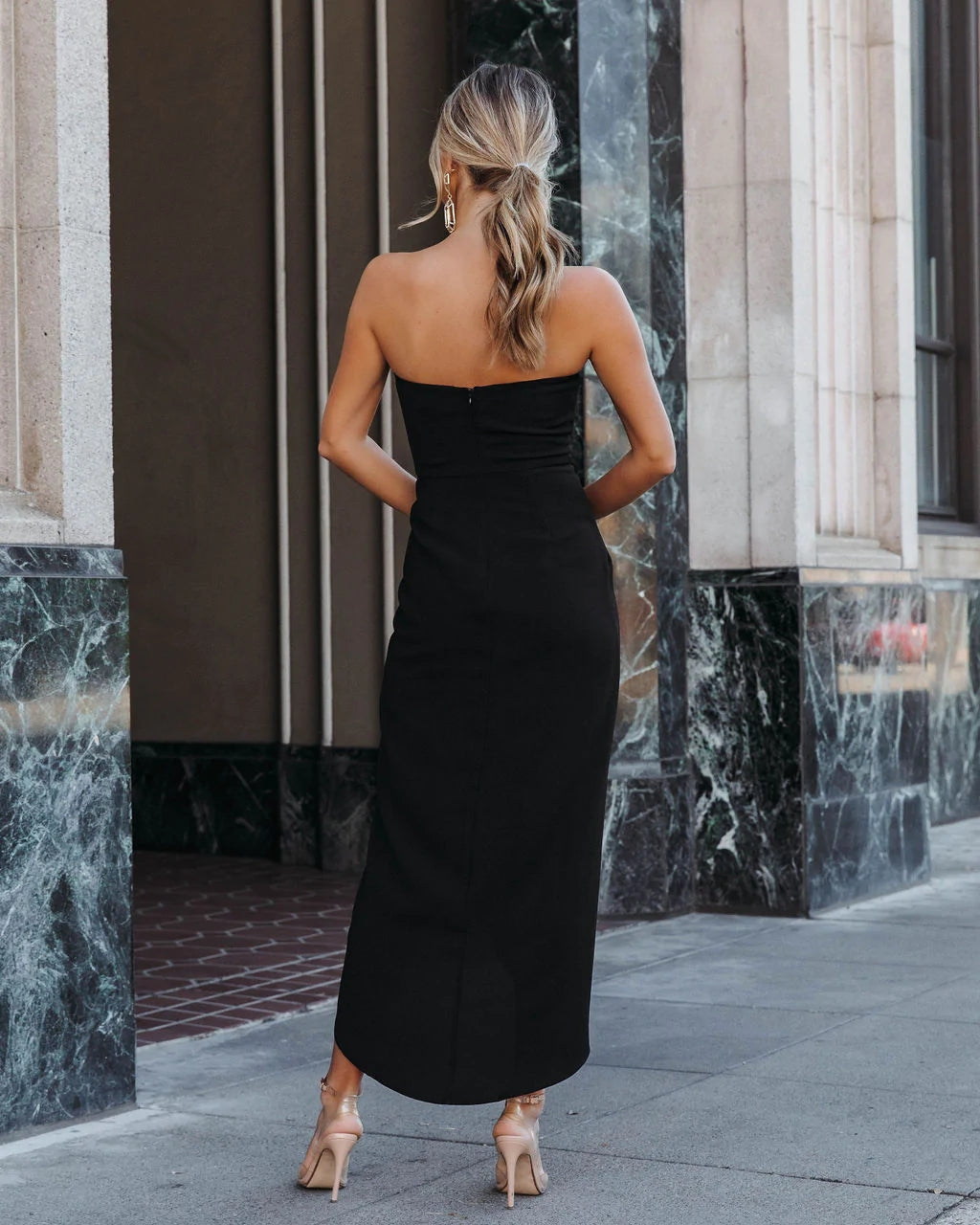 Black Waist Tied Bandeau Midi Dress