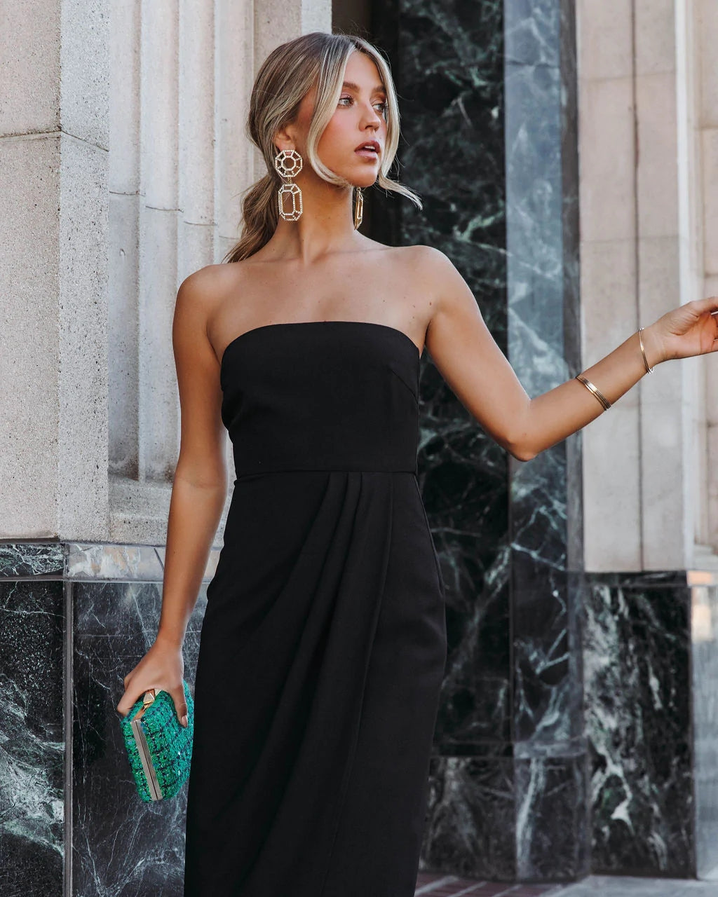 Black Waist Tied Bandeau Midi Dress