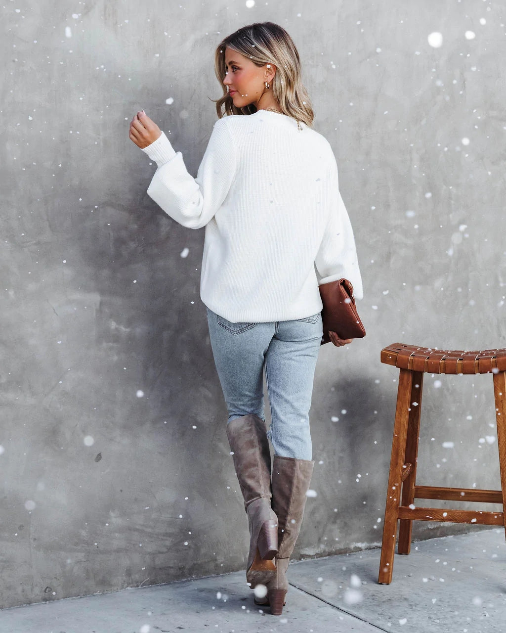 White Ribbed Knit Sweater