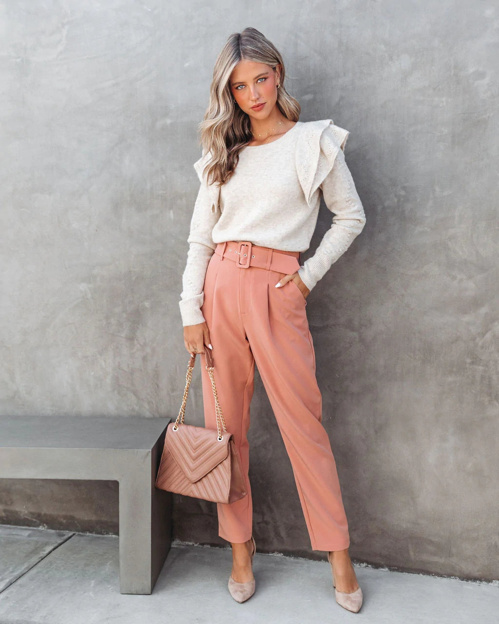 Beige Ruffled Knit Top
