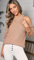 Camel Cold Shoulder Knit Sweater