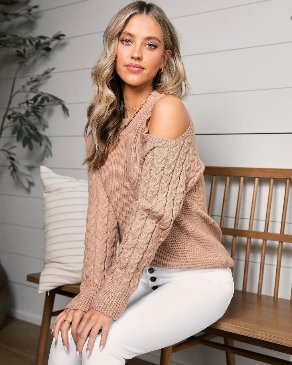 Camel Cold Shoulder Knit Sweater