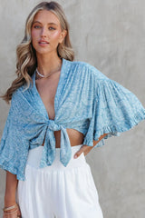 Blue Floral Front Knot Crop Top