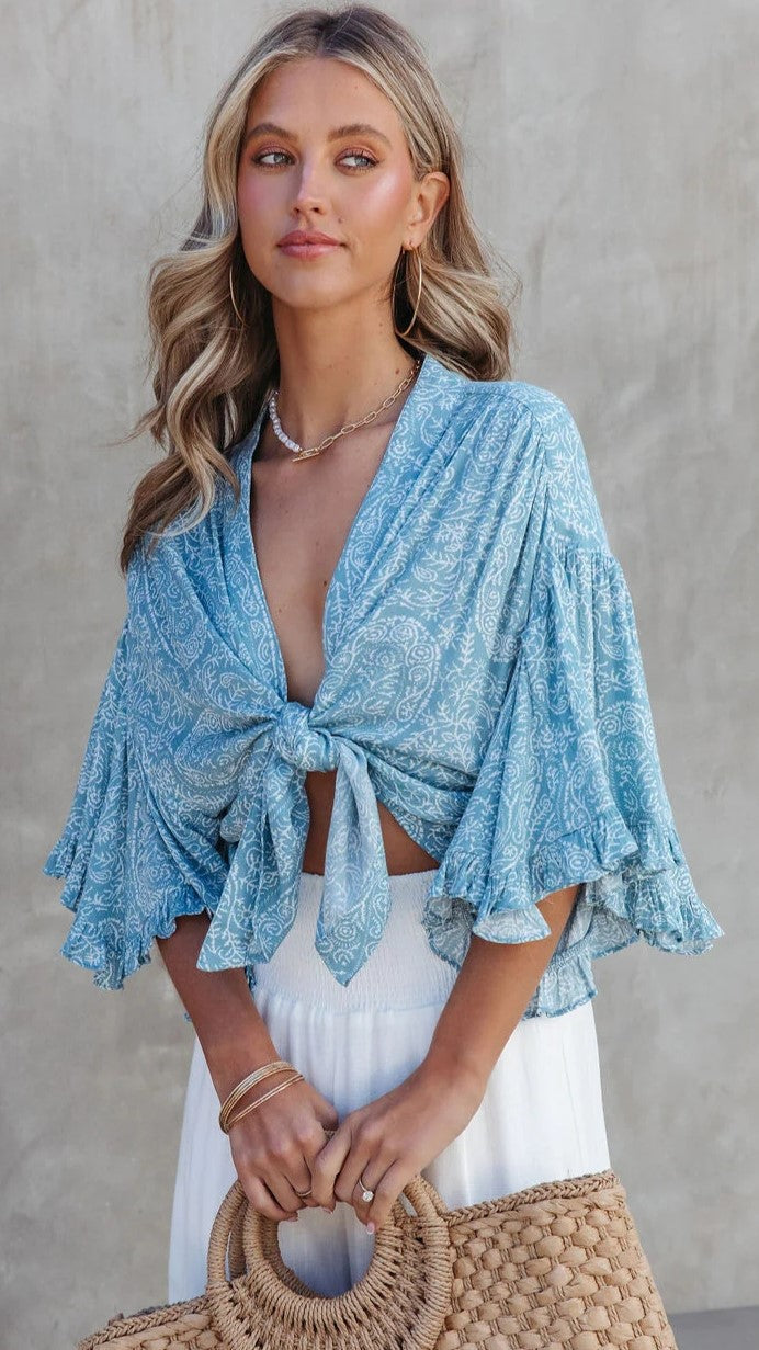Blue Floral Front Knot Crop Top