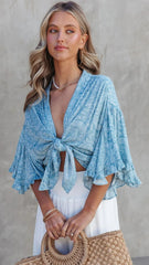 Blue Floral Front Knot Crop Top