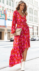 Orange Floral Surplice Midi Dress
