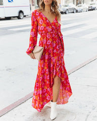 Orange Floral Surplice Midi Dress