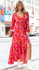 Orange Floral Surplice Midi Dress