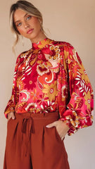 Red Floral Satin Top