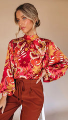 Red Floral Satin Top
