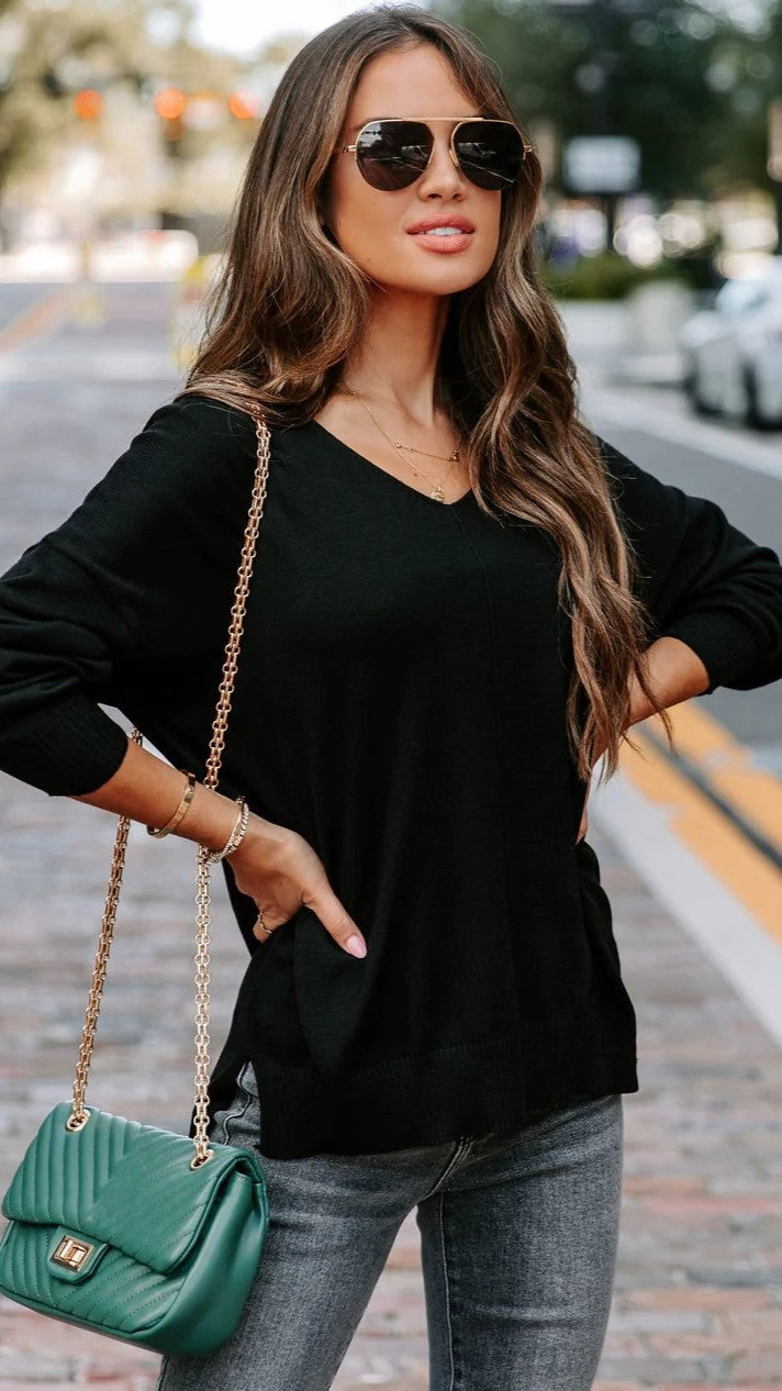 Black V Neck Knit Top