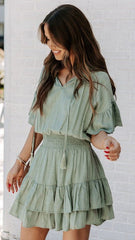 Green Necktie Smocked Waist Dress