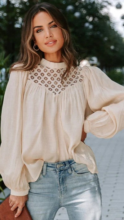 Beige Crochet Lace Yoke Blouse