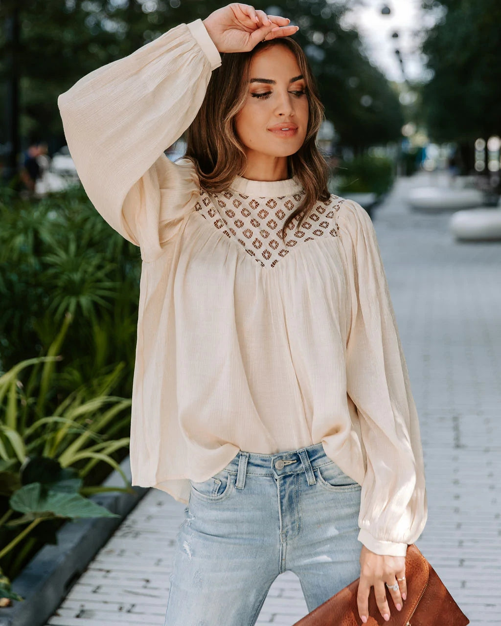 Beige Crochet Lace Yoke Blouse