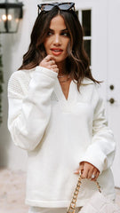 White Crochet Knit Yoke Sweater