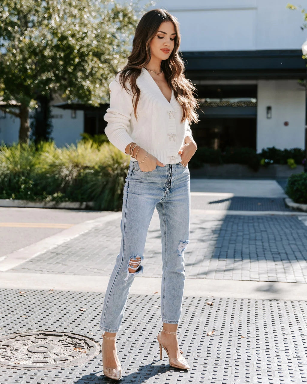 White Bowtie Button Front Cardigan