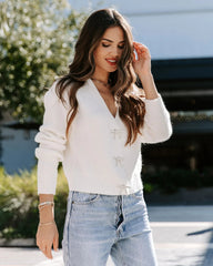 White Bowtie Button Front Cardigan