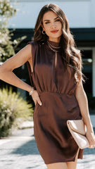 Chocolate Satin Sleeveless Dress